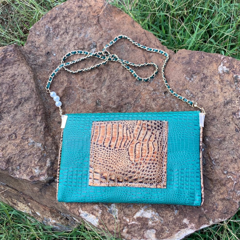 Elegant Teal and Brown leather Croc-Embossed Crossbody Clutch